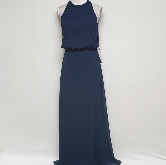 BLOOMINGDALE'S Levkoff 7081 Navy Blue Chiffon Sleeveless Halter Maxi Dress 6 - Picture 2 of 10